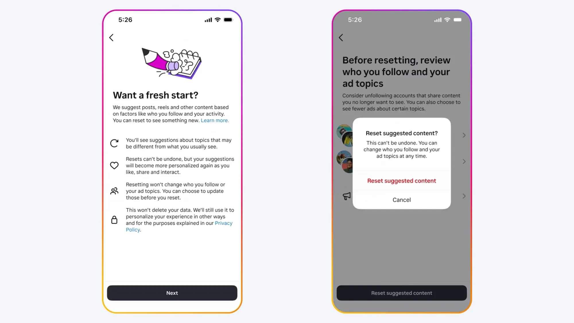 Instagram Recommendations Reset Feature